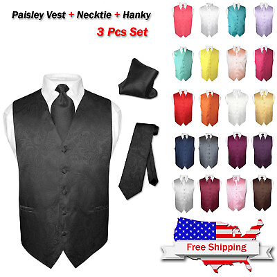 #ad Men#x27;s Dress VEST NeckTie for Suit Tuxedo PAISLEY Design Mens Vests Tie Hanky Set $27.95