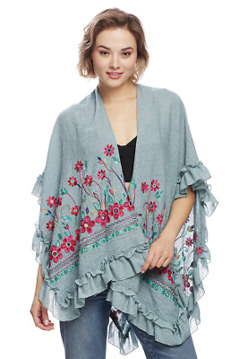 #ad ScarvesMe Flower Embroidered Short Sleeve Open Front Kimono Cardigan with Ruffle $29.99