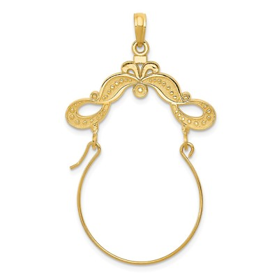 #ad 14k Yellow Gold Polished Ribbon Decorated Charm Pendant Holder 1.58 Inch $194.01