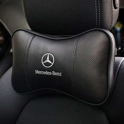 #ad 2PCS Car Seat Headrest Neck Cushion Pillows For Mercedes Benz Black Real Leather $33.88