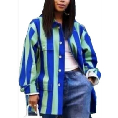 #ad Sammy B x Target Oversized Striped Denim Jacket Green Blue Unisex Plus 2X NEW $25.39