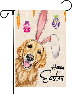 #ad Happy Easter Garden Flag 12X18 Double Sided Burlap Small Vertical Golden Retrie $16.24