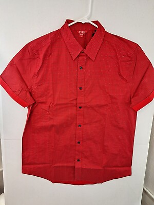 #ad GUESS Mens Medium Slim Varsity Red Geo Print Short Sleeve Button Front Shirt NWT $22.99