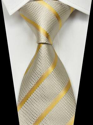 #ad New Classic Striped Beige Gold 100% Silk Men#x27;s Necktie Neck Tie 3.15#x27;#x27; 8CM $9.99