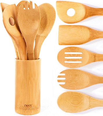 #ad Wooden Spoons for Cooking 6 Piece Organic Bamboo Utensil Set with Holder Wood Ki $24.99