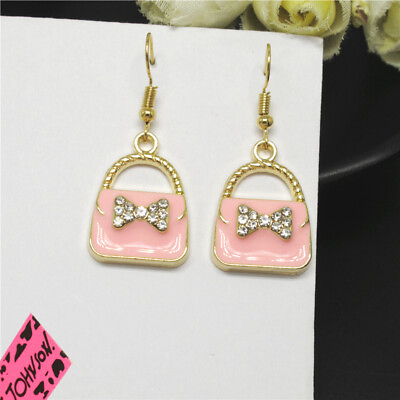 #ad Hot Fashion Pink Enamel Cute Girl Handbag Bowknot Women Stand Earring Gift $2.96