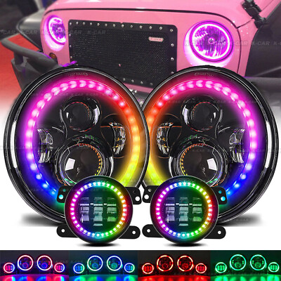 For Jeep Wrangler JK JKU 07 17 Combo RGB 7quot; LED Headlights 4#x27;#x27; Fog Lights Kits $149.99