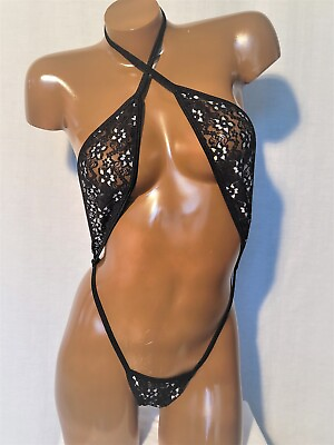 #ad New cross front one piece thong slingshot bodysuit stage wear costume Black lace $24.99