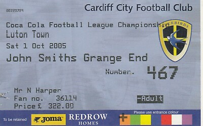#ad Ticket Cardiff City v Luton Town 01.10.05 GBP 2.00
