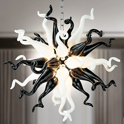 #ad Hand Blown Glass Chandelier Black and White Light Fixture for Dining Room 20 In $389.00