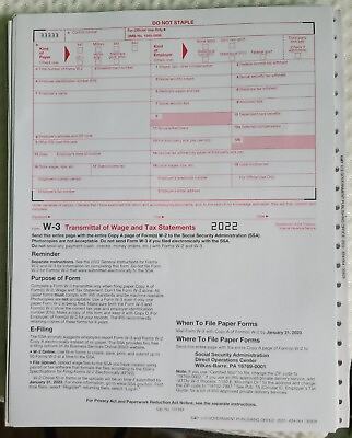 #ad 2022 IRS W 3 Transmittal of Wage And Tax Statements $5.00