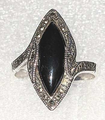 #ad Vintage Rich Art Deco Black Onyx Marcasite Sterling Silver Ring Size 8 $32.99