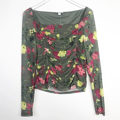 #ad New Bar III Top Women XL Extra Large Green Red Floral Ruched Mesh Stretch Fitted $24.95