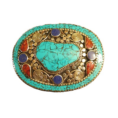 #ad Oval Belt Buckle Inlaid Stones Turquoise Coral Lapis Tibetan Silver 1 1 2quot; Belt $59.40
