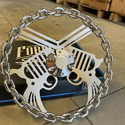 #ad 13quot; Pistol Gun Chain Steering Wheel Chrome with Engraved Horn Button 6 Hole $124.36