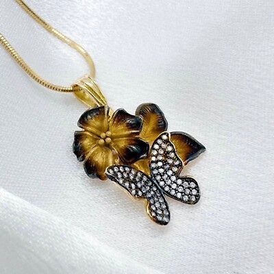 #ad 14k Gold Black Flower Pendant 585 Butterfly Cubic Zircona 4.39g Women Jewerly $459.99