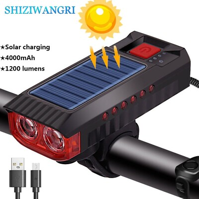 #ad Solar Powered LED Bicycle Headlight Bike Lamp 120db Horn Bell USB Rechargeable $21.51