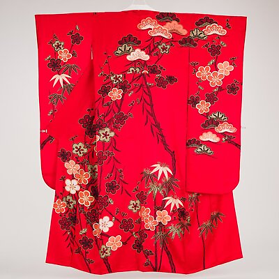 #ad Japanese Silk Kimono Vintage Furisode Gold Large Plum Pine Bamboo Draw Red 63quot; $772.15