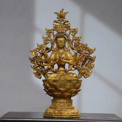 #ad 13.2” Bronze Gilded Gold Buddha Statue of Thousand Handed Guanyin $378.25