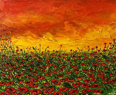 #ad ORIGINAL SUNSET POPPY FIELD LANDSCAPE 8X10 GALLERY WRAPPED CANVAS SIGNED COA $33.00