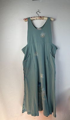 #ad Vintage Blue Fish Flower Hand Printed Full Jumper Dress Size 1 Green Lagenlook $91.60