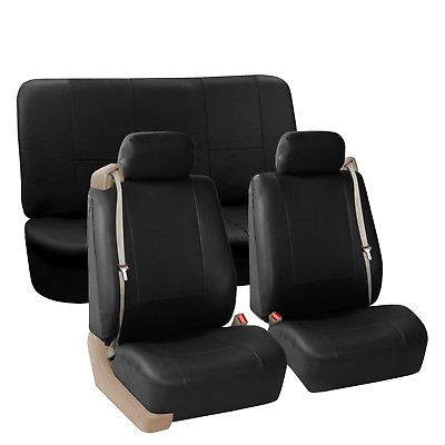 #ad Full Seat Covers PU Leather Set For Built In Seat belt Auto Car Sedan SUV Black $62.99