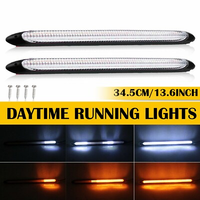 2x LED Switchback DRL Tube Light Strip Amber White Sequential Flow Turn Signal $18.99