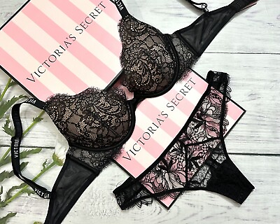 #ad Victorias Secret Black Lace Very Sexy Lightly Lined Logo Strap Bra Thong Set 34C $52.00