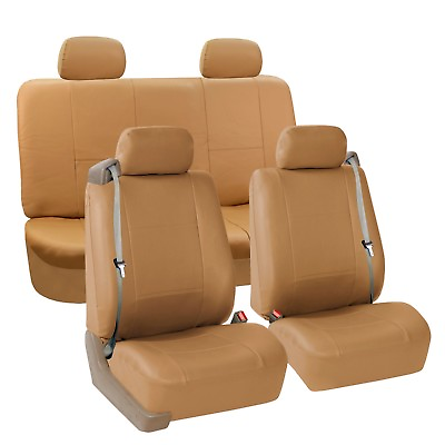 #ad Seat Covers PU Leather Full Set For Built In Seat belt Auto Car Sedan SUV Tan $59.99