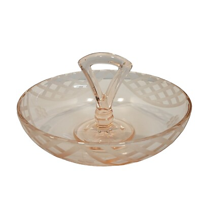 #ad Vintage Pink Depression Glass Bowl w Center Handle Etched Lattice Floral Design $19.99