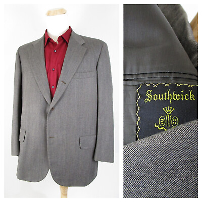 #ad Vintage Southwick Gray Tan Herringbone 3 2 Roll Wool Sport Coat Jacket Size 46R $94.95