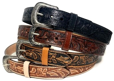 #ad EMBOSSED WESTERN LEATHER BELT COWBOY RODEO CASUAL LEATHER BELT FLORAL EMBOSSED $21.99