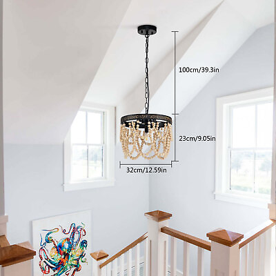 #ad 3 Light Wood Beaded Chandelier Pendant Lamp Light Adjustable Chandelier New $27.55