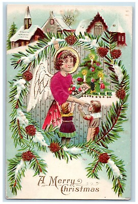 #ad c1910#x27;s Christmas Tree Angel Children Pine Cone Snow Silk House Winter Postcard $12.48