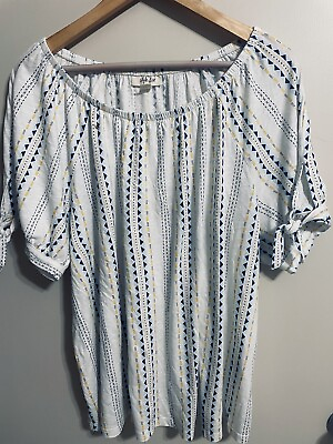 #ad Style amp; Co Women#x27;s 2X NEW Peasant Short Sleeve White Top Blouse Geometric Blue $16.00