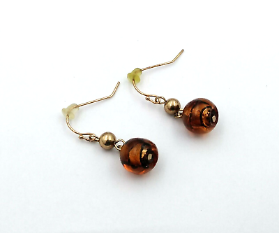 #ad Stunning Gold Tone 2quot; Dangle Earrings Round Glass Amber Bead Beautiful Style $11.37