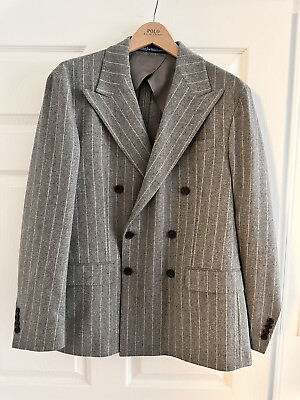#ad Polo Ralph Lauren Soft Grey Chalk Stripe Double Breasted Jacket Size 42R $625.00