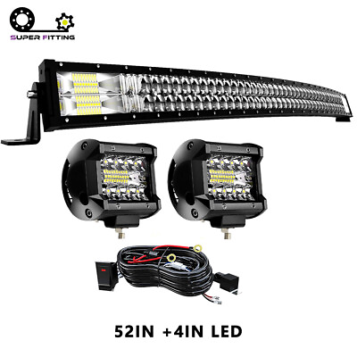 Curved 52inch LED Light Bar 300W Combo2x 4quot; Pods SUV 4X4 Boat Harness Offroad $94.00