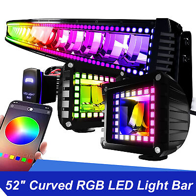 52quot; LED Light Bar RGB Color Chasing Halo Ring Lights 4“ LED Pods For Car Pickup $242.05