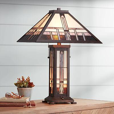 #ad Alfred Mission Tiffany Style Table Lamp 26quot; High Bronze with Nightlight Bedroom $289.99