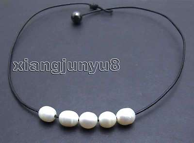 #ad 10 11mm Rice FW Natural White Pearl Pendant Necklace for Women 18quot; Leather n5898 $9.00