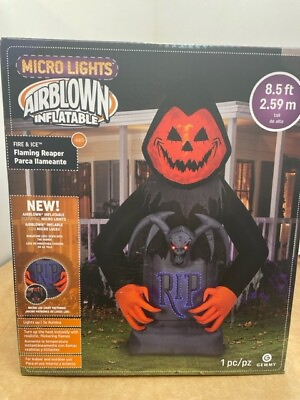 #ad Grim Reaper Tombstone Pumpkin Fire amp; Ice LED Halloween Gemmy Airblown Inflatable $65.95