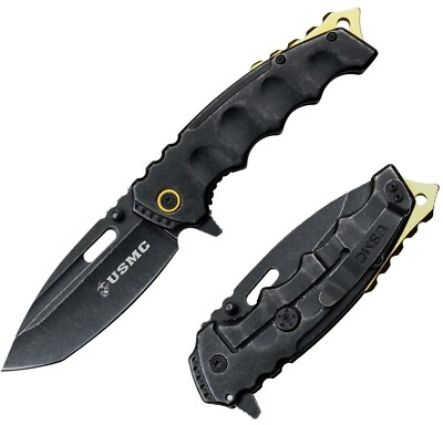 #ad USMC Frame Folding Knife 3.5quot; Black Finish Steel Tanto Blade Stainless Handle $20.79
