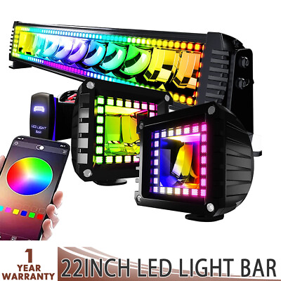 22inch 120W RGB Offroad LED Light Bar 2x 4inch RGB Halo Flood Beam Fog Lamp $159.99