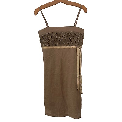 #ad Vintage Y2K Jamp;W Linen Rosette Mini Dress Brown Ribbon TIe Babydoll Juniors XL $31.99