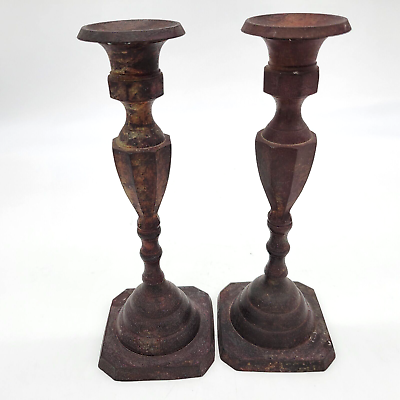 #ad Pair Vintage 8.25 in Tall Cast Iron Candle Stick Holders .75 in Candle Size $21.95