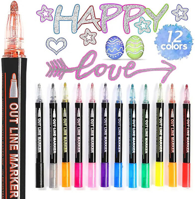 #ad 12 Colors Drawing Double Line Outline Pen Highlighter Marker Pens For School UK $11.01