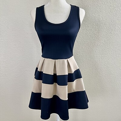 #ad Flashing Lights Size Small Flare Party Dress Striped Dark Navy Blue amp; Off White $13.75