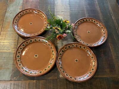 #ad Mexican Redware Clay Barro Dinner Plates Set of 4 10” $14.99