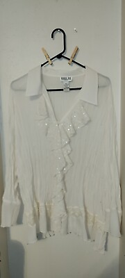#ad Robbie Bee Sz 4X White Pleated Sheer Top Long Sleeve Button Down Ruffled Shirt $13.26